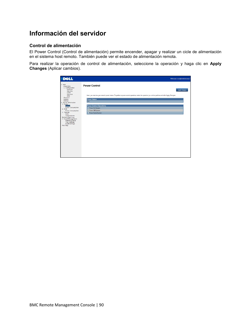 Información del servidor, Control de alimentación | Dell PowerEdge C410x User Manual | Page 90 / 105