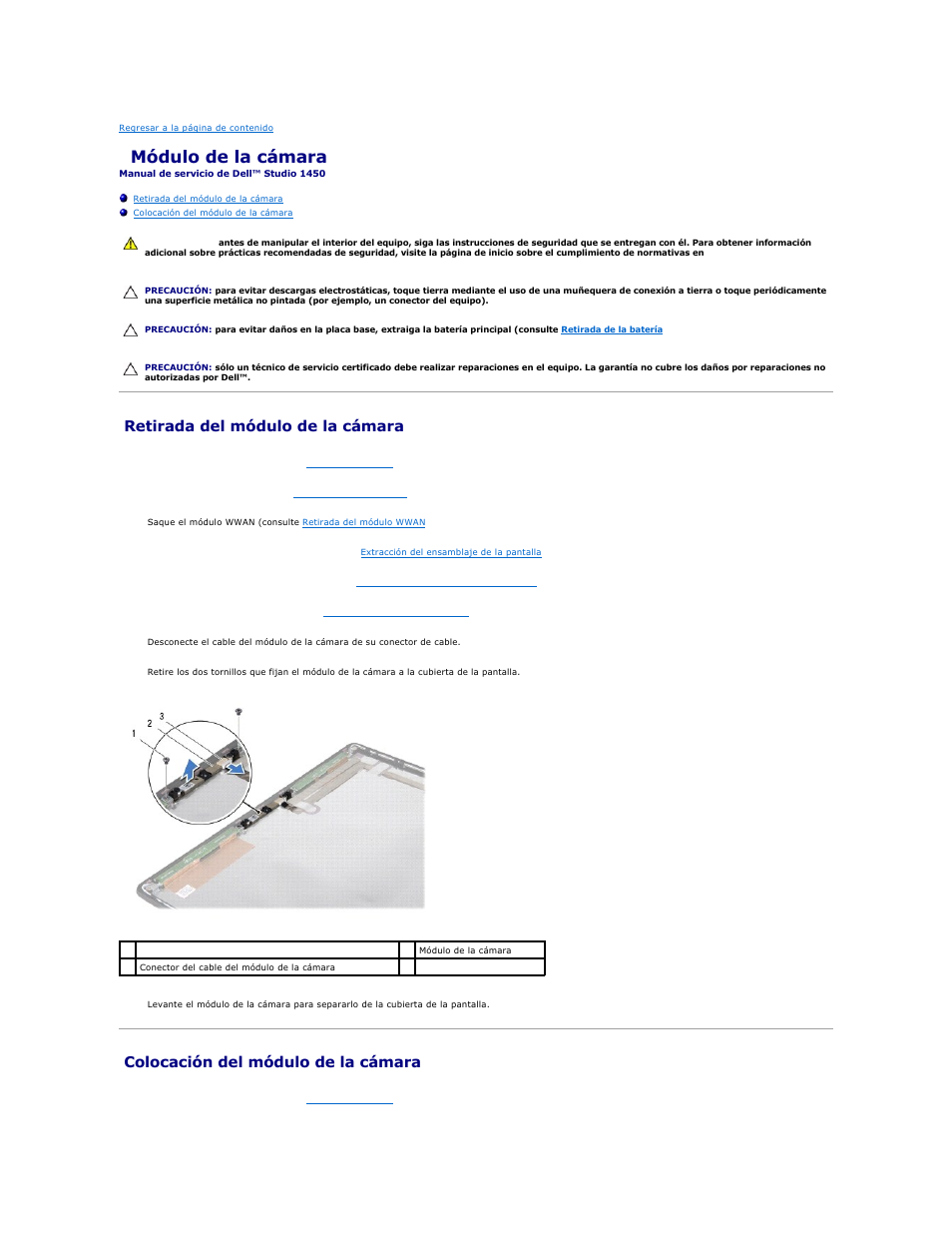 Módulo de la cámara, Retirada del módulo de la cámara, Colocación del módulo de la cámara | Dell Studio 1450 (Mid 2009) User Manual | Page 11 / 48