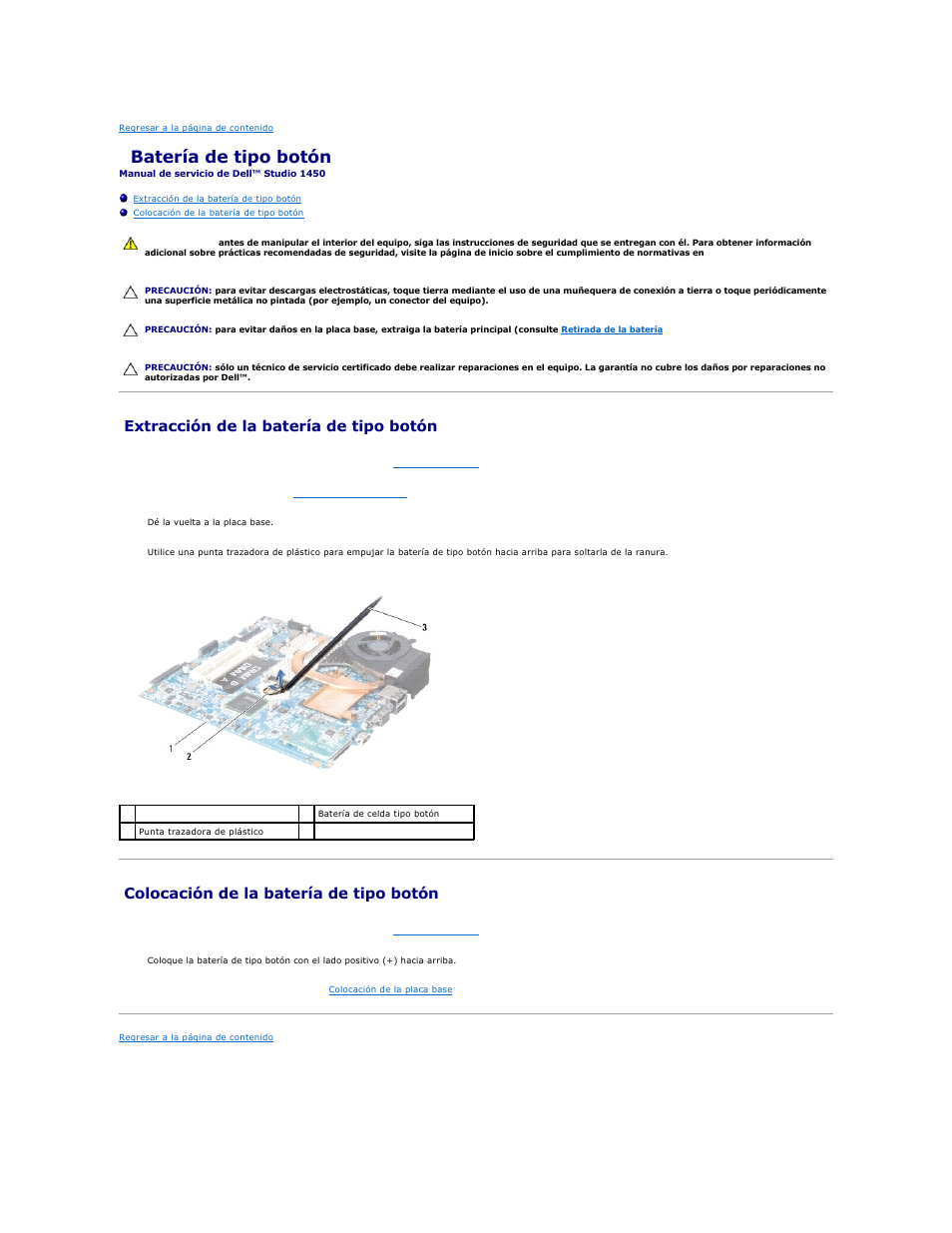 Batería de tipo botón, Extracción de la batería de tipo botón, Colocación de la batería de tipo botón | Dell Studio 1450 (Mid 2009) User Manual | Page 13 / 48