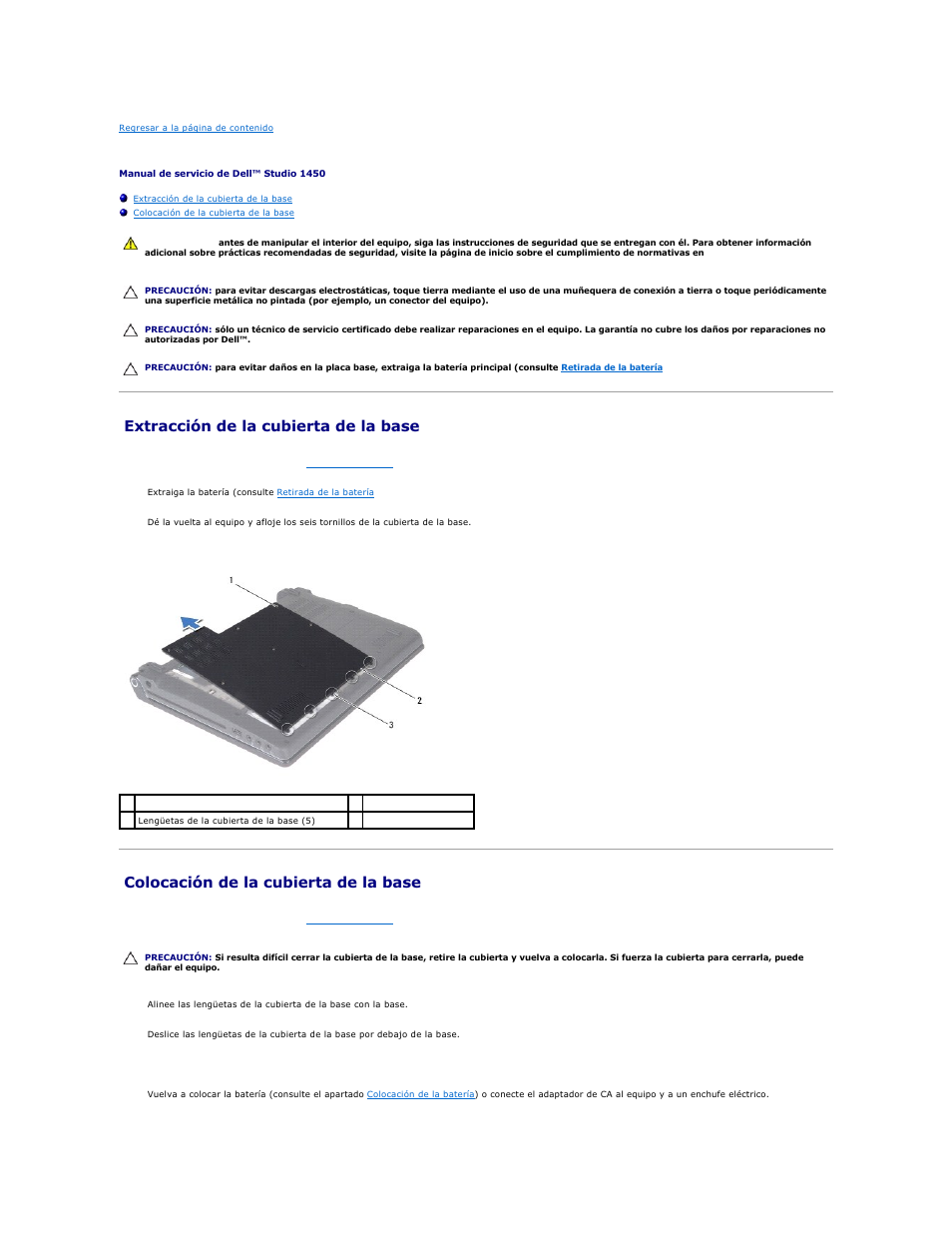 Cubierta de la base, Extracción de la cubierta de la base, Colocación de la cubierta de la base | Dell Studio 1450 (Mid 2009) User Manual | Page 14 / 48