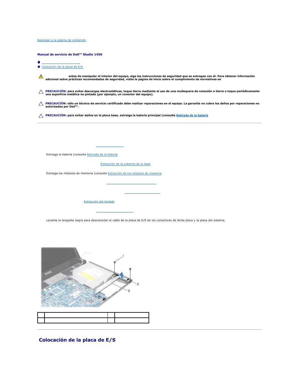 Placa de e/s, Retirada de la placa de e/s, Colocación de la placa de e/s | Dell Studio 1450 (Mid 2009) User Manual | Page 2 / 48