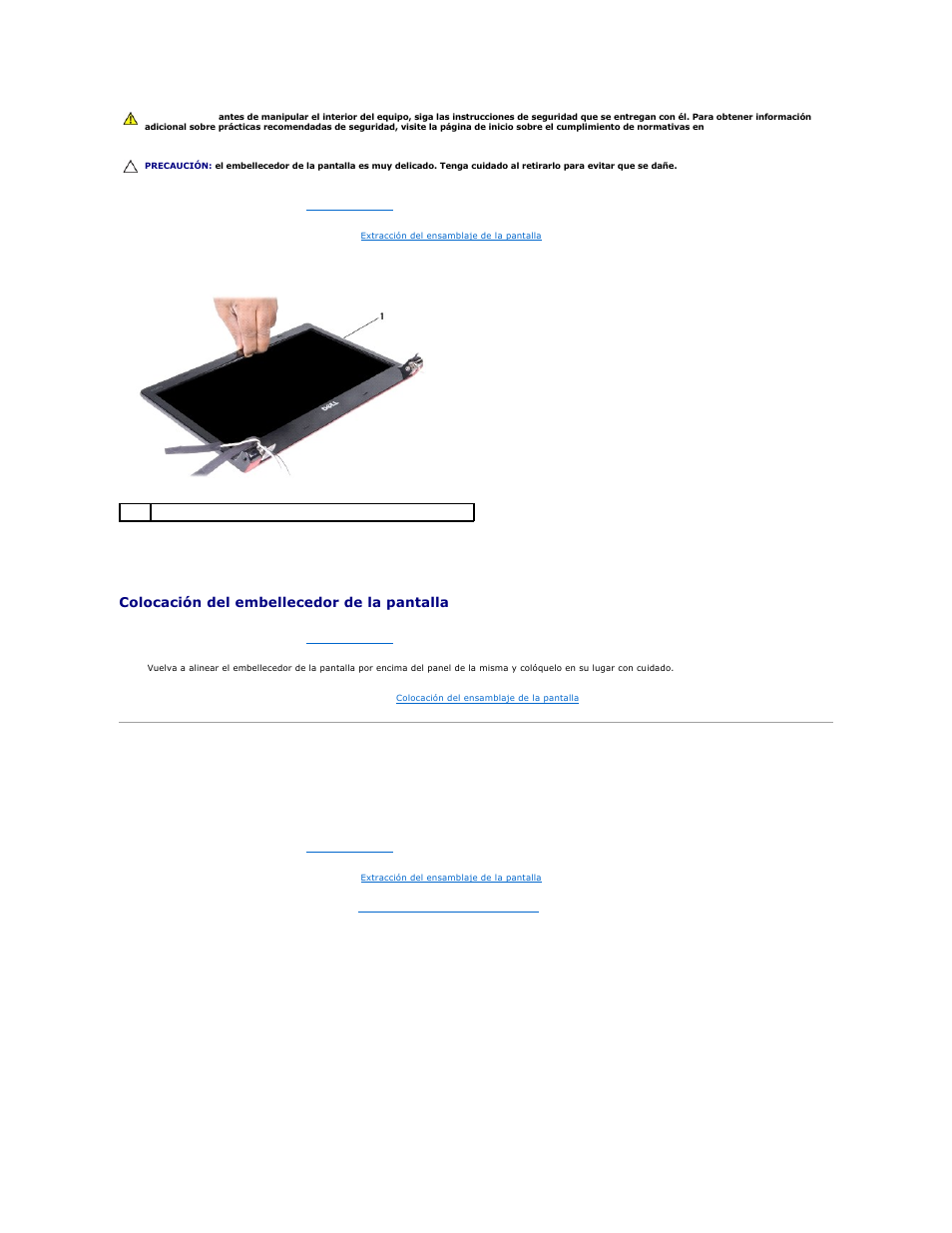 Panel de la pantalla, Colocación del embellecedor de la pantalla, Retirada del panel de la pantalla | Dell Studio 1450 (Mid 2009) User Manual | Page 22 / 48