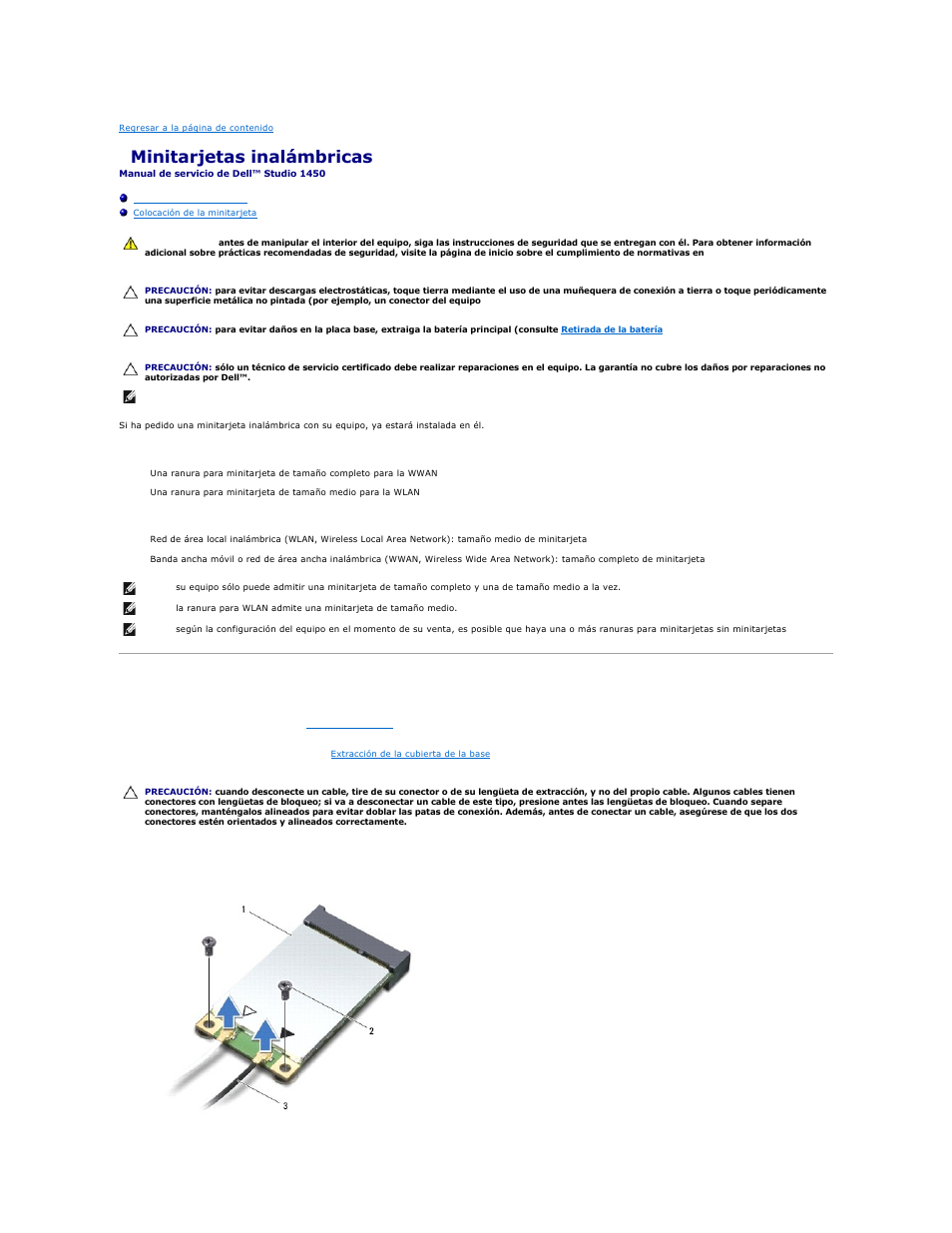 Minitarjetas inalámbricas, Retirada de la minitarjeta | Dell Studio 1450 (Mid 2009) User Manual | Page 33 / 48