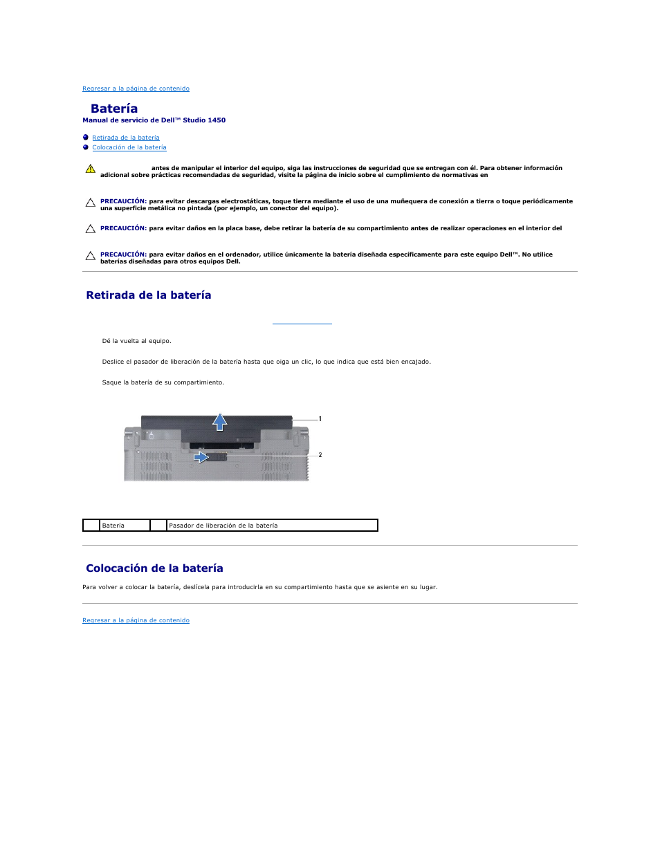 Batería, Retirada de la batería, Colocación de la batería | Dell Studio 1450 (Mid 2009) User Manual | Page 4 / 48