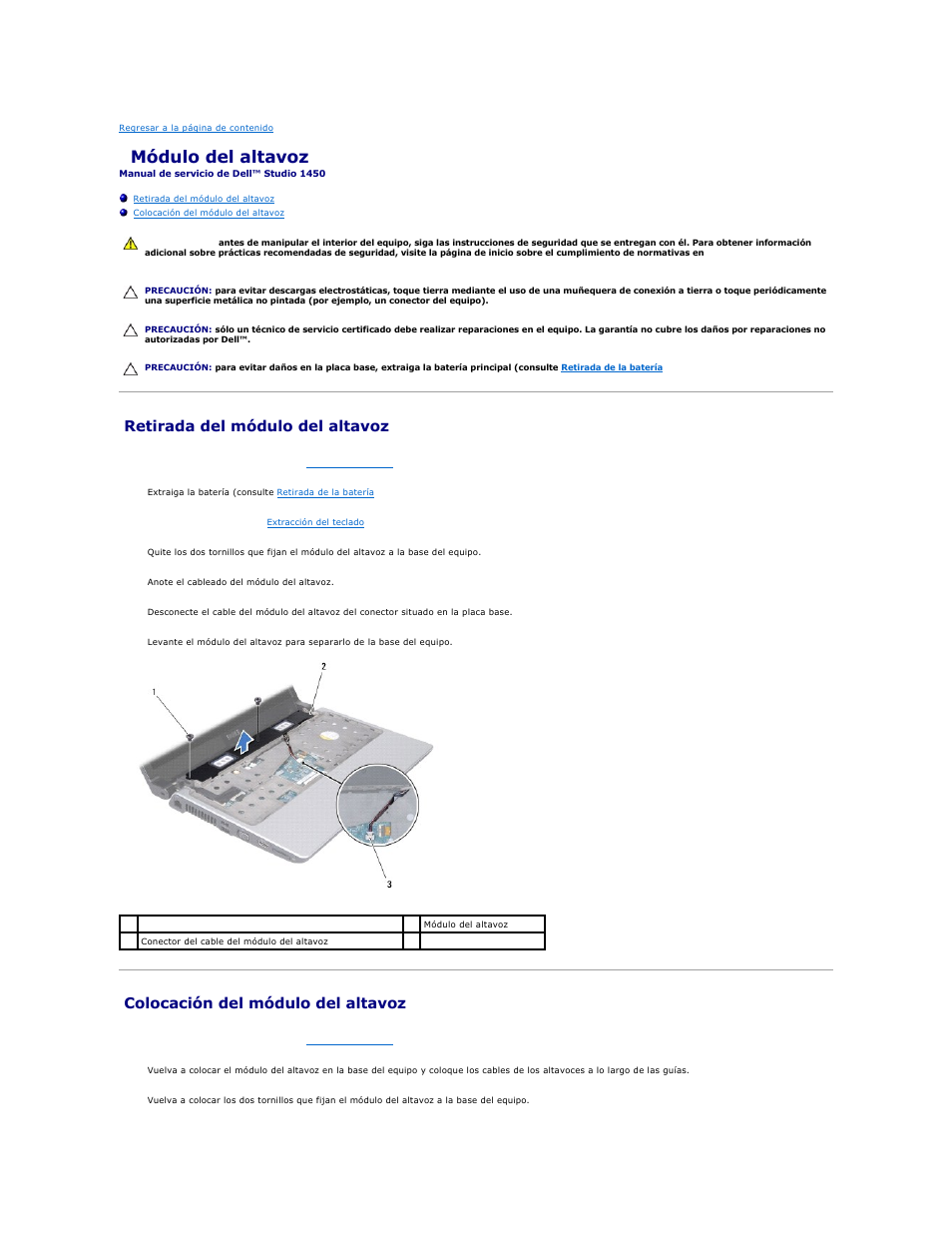 Módulo del altavoz, Retirada del módulo del altavoz, Colocación del módulo del altavoz | Dell Studio 1450 (Mid 2009) User Manual | Page 41 / 48