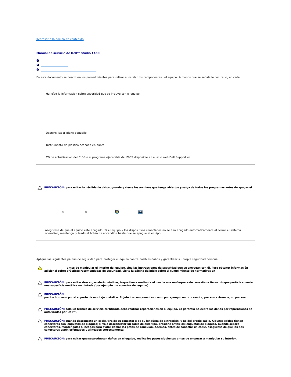 Antes de comenzar, Herramientas recomendadas, Apagado del equipo | Antes de manipular el interior del equipo | Dell Studio 1450 (Mid 2009) User Manual | Page 5 / 48