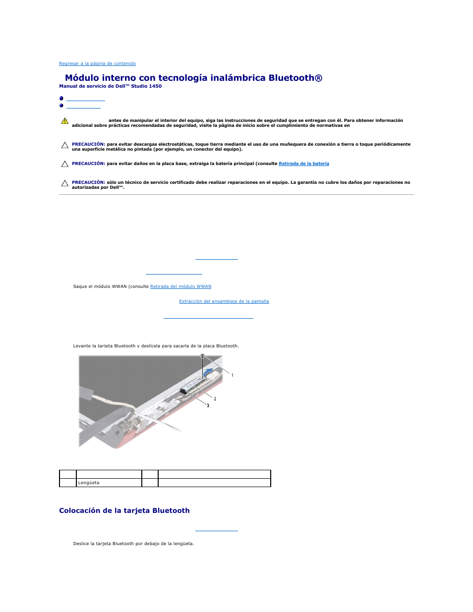 Tarjeta bluetooth, Retirada de la tarjeta bluetooth, Colocación de la tarjeta bluetooth | Dell Studio 1450 (Mid 2009) User Manual | Page 9 / 48