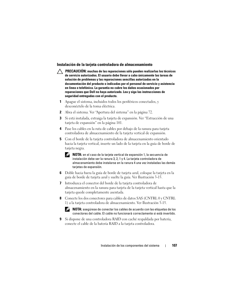 Instalación de la tarjeta controladora, De almacenamiento | Dell PowerVault DL2200 CommVault User Manual | Page 107 / 176