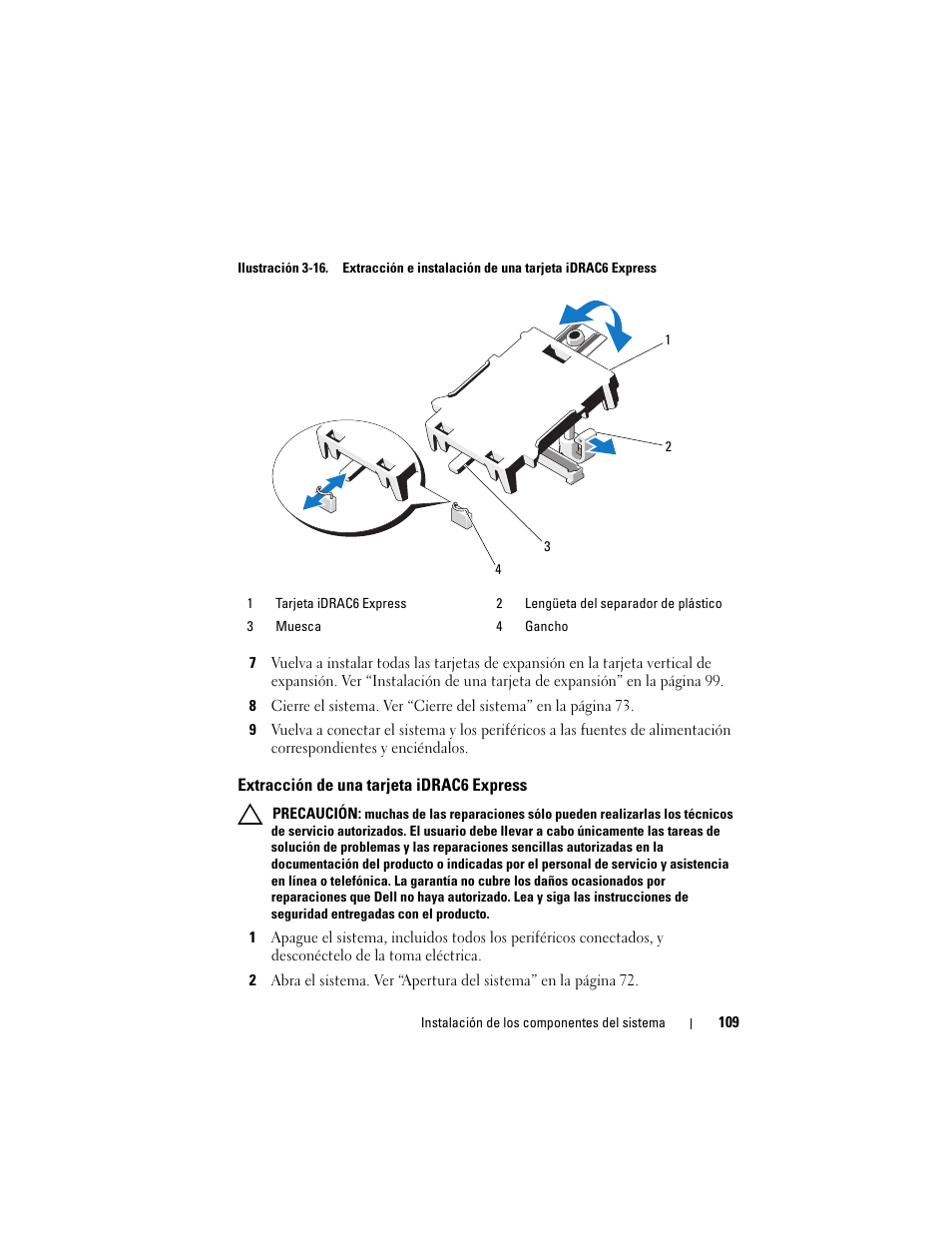 Extracción de una tarjeta idrac6 express, Ilustración 3-16 | Dell PowerVault DL2200 CommVault User Manual | Page 109 / 176