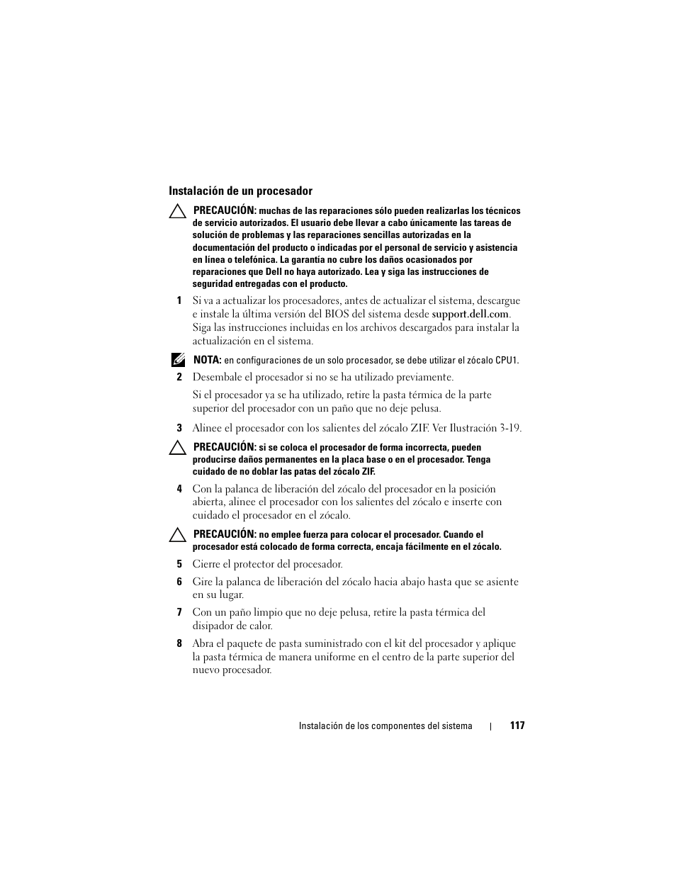 Instalación de un procesador, 5 cierre el protector del procesador | Dell PowerVault DL2200 CommVault User Manual | Page 117 / 176