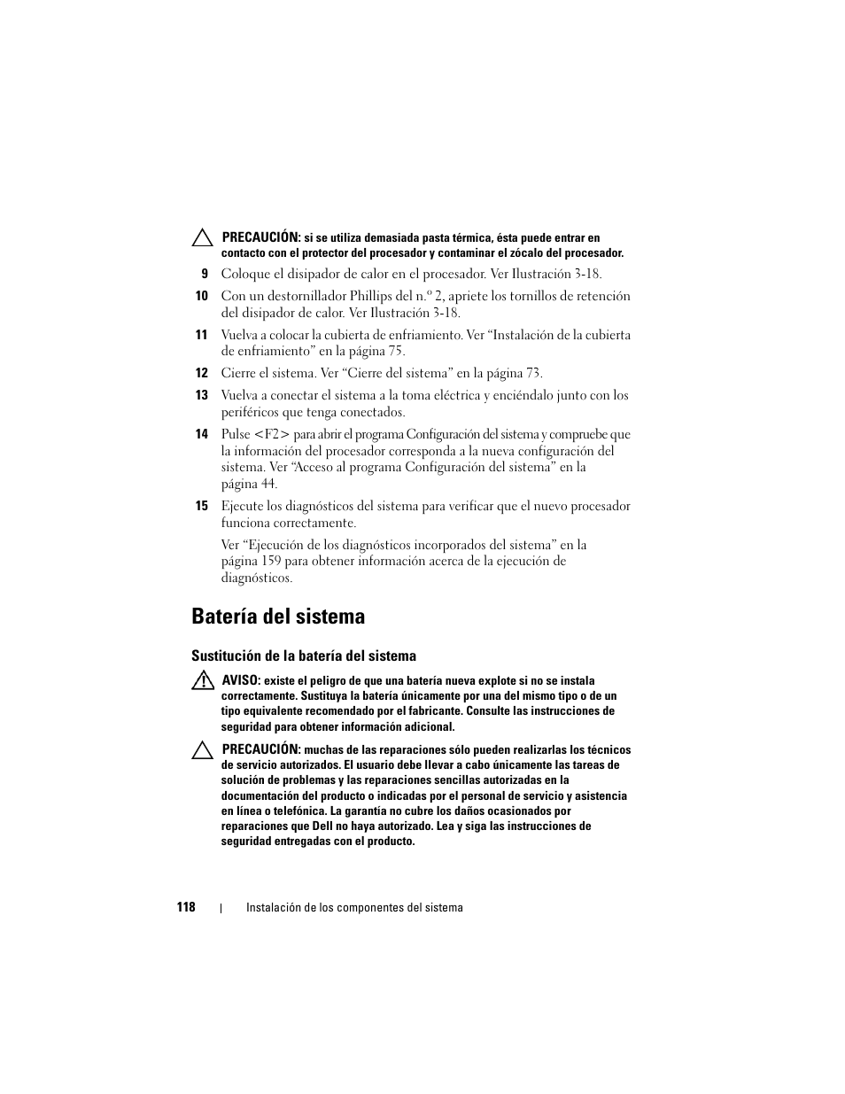 Batería del sistema, Sustitución de la batería del sistema | Dell PowerVault DL2200 CommVault User Manual | Page 118 / 176