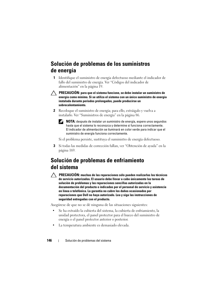 Solución de problemas de enfriamiento del sistema, Solución de problemas de los suministros, De energía | Solución de problemas de enfriamiento, Del sistema | Dell PowerVault DL2200 CommVault User Manual | Page 146 / 176