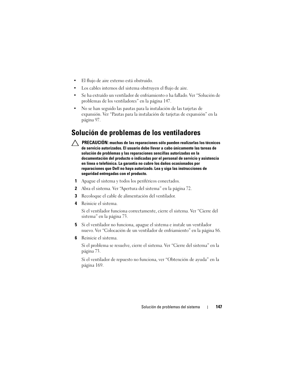 Solución de problemas de los ventiladores, 4 reinicie el sistema, 6 reinicie el sistema | Dell PowerVault DL2200 CommVault User Manual | Page 147 / 176