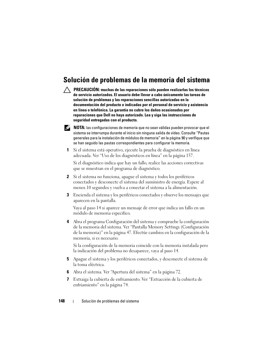 Solución de problemas de la memoria del sistema, Solución de problemas de la memoria, Del sistema | Dell PowerVault DL2200 CommVault User Manual | Page 148 / 176