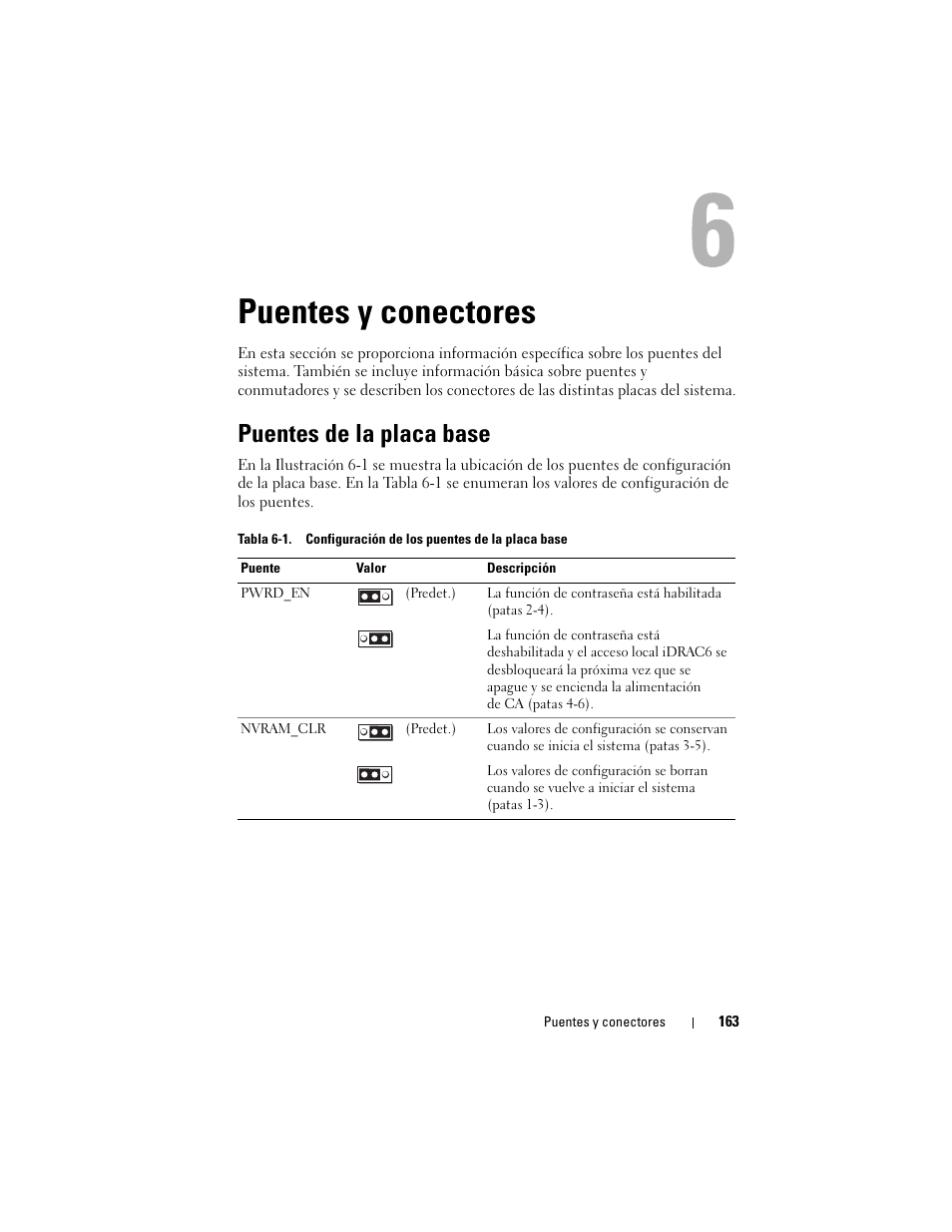 Puentes y conectores, Puentes de la placa base, Er “puentes y conectores” en la | Dell PowerVault DL2200 CommVault User Manual | Page 163 / 176