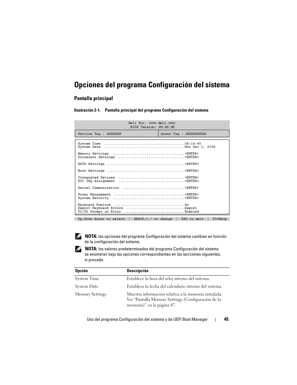 Opciones del programa configuración del sistema, Pantalla principal | Dell PowerVault DL2200 CommVault User Manual | Page 45 / 176