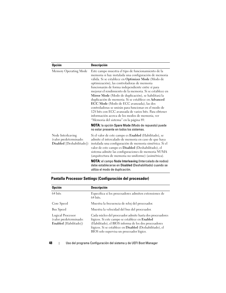 Pantalla processor settings, Configuración del procesador) | Dell PowerVault DL2200 CommVault User Manual | Page 48 / 176