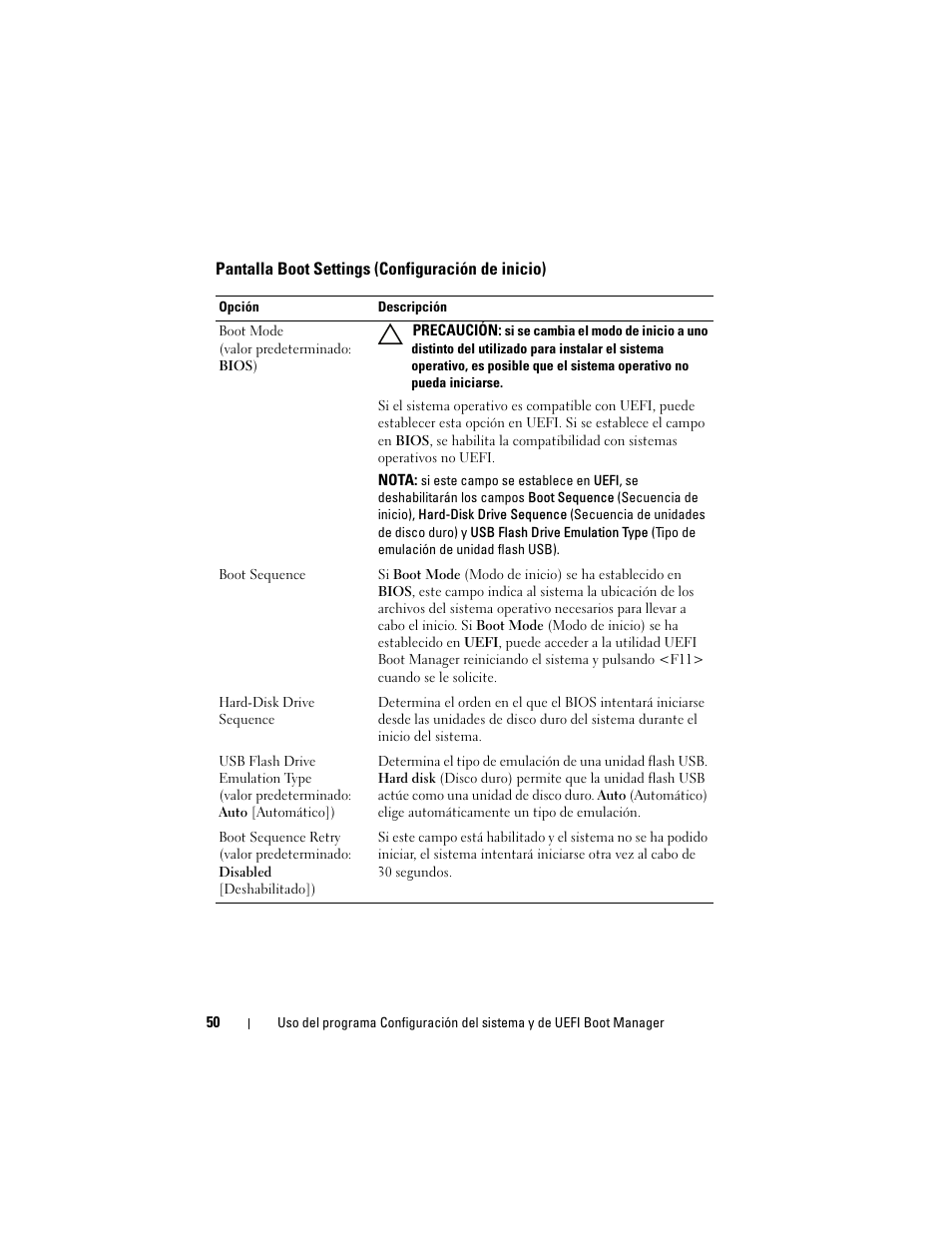 Pantalla boot settings (configuración de inicio), Pantalla boot settings, Configuración de inicio) | Dell PowerVault DL2200 CommVault User Manual | Page 50 / 176