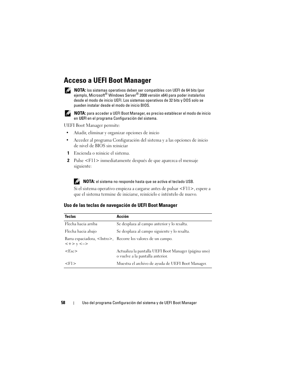 Acceso a uefi boot manager, 1 encienda o reinicie el sistema, Uso de las teclas de navegación de | Uefi boot manager | Dell PowerVault DL2200 CommVault User Manual | Page 58 / 176