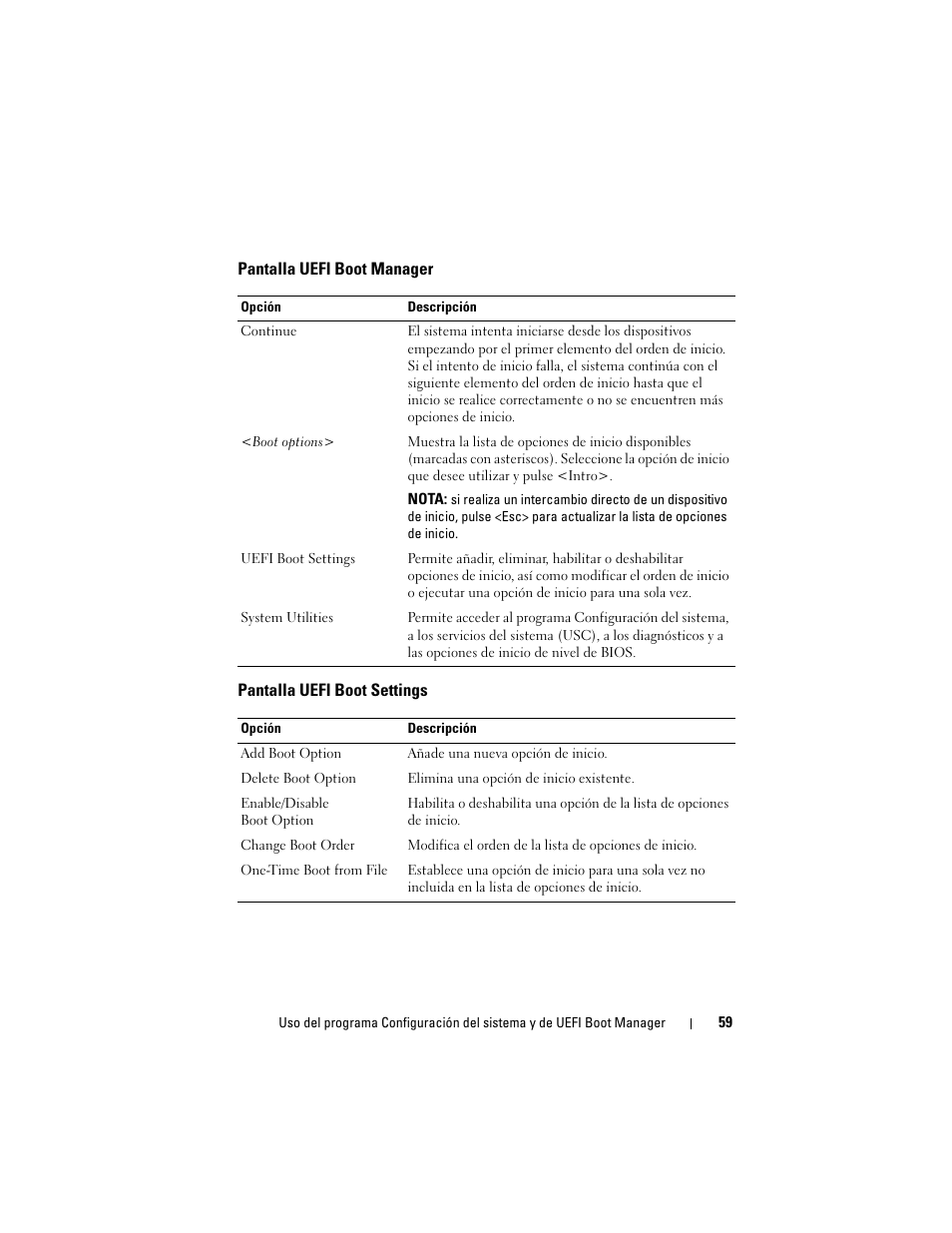 Pantalla uefi boot manager, Pantalla uefi boot settings | Dell PowerVault DL2200 CommVault User Manual | Page 59 / 176