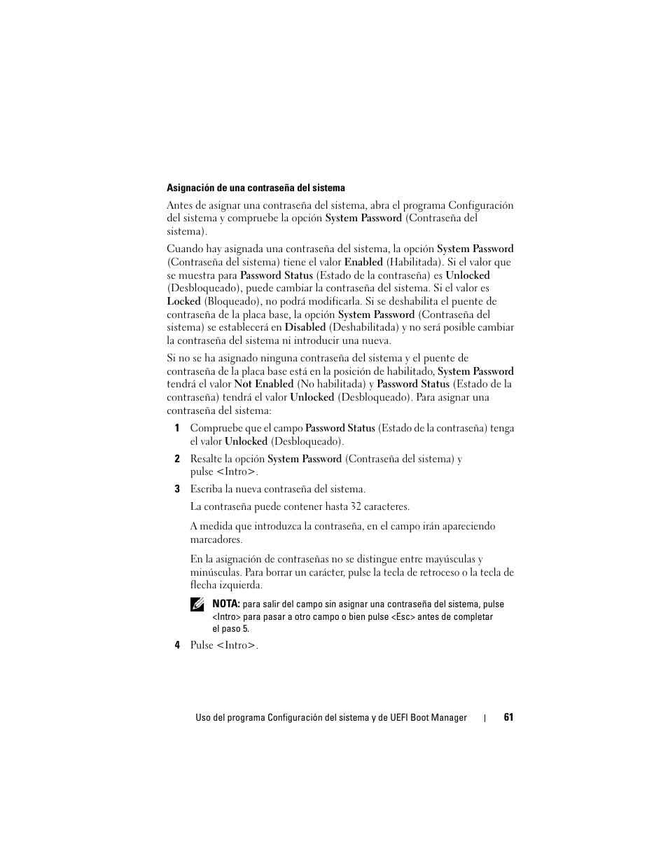 Asignación de una contraseña del sistema, 3 escriba la nueva contraseña del sistema, 4 pulse <intro | Dell PowerVault DL2200 CommVault User Manual | Page 61 / 176