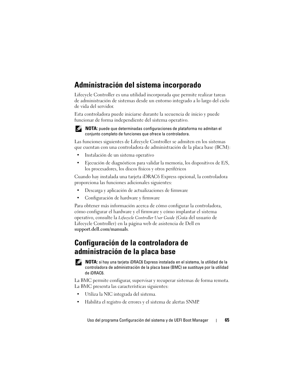 Administración del sistema incorporado, Configuración de la controladora de administración, De la placa base | Dell PowerVault DL2200 CommVault User Manual | Page 65 / 176