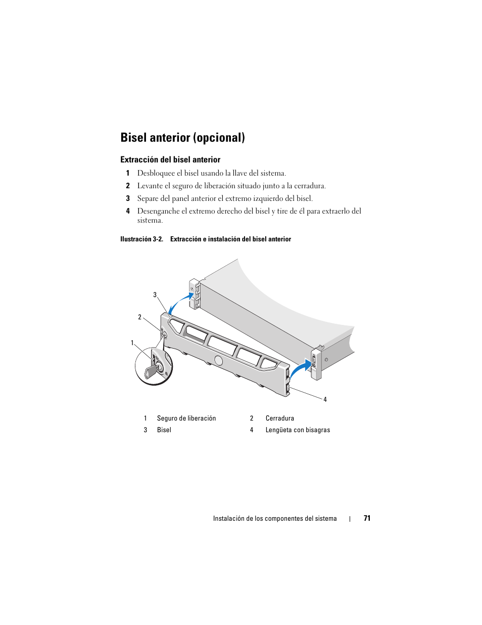 Bisel anterior (opcional), Extracción del bisel anterior, 1 desbloquee el bisel usando la llave del sistema | Dell PowerVault DL2200 CommVault User Manual | Page 71 / 176