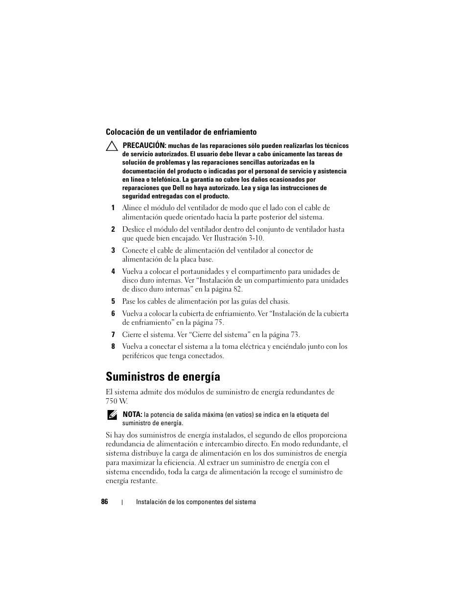 Colocación de un ventilador de enfriamiento, Suministros de energía | Dell PowerVault DL2200 CommVault User Manual | Page 86 / 176