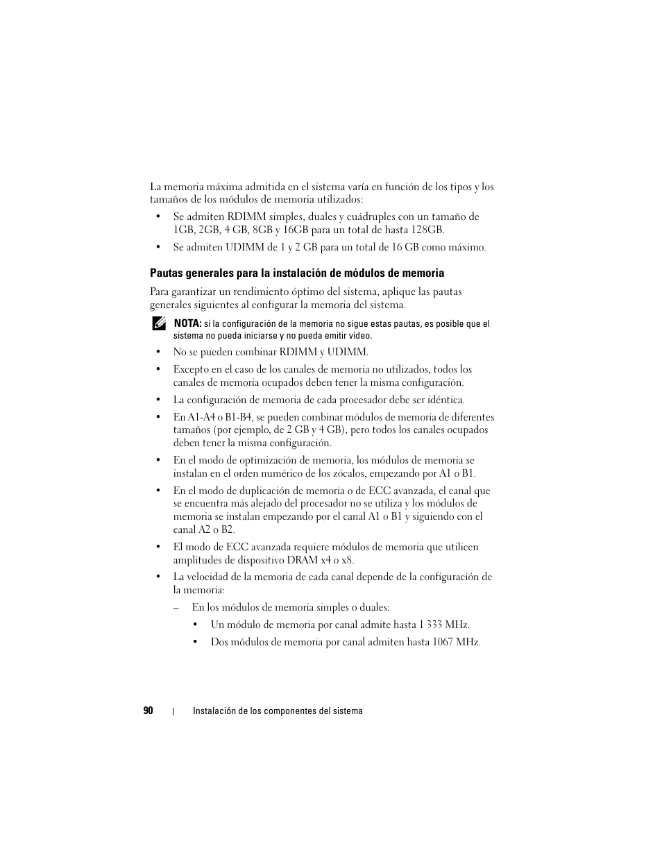 Pautas generales para la instalación de, Módulos de memoria | Dell PowerVault DL2200 CommVault User Manual | Page 90 / 176