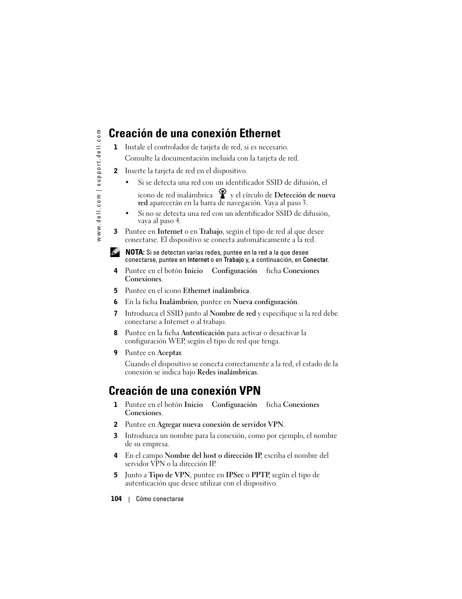 Creación de una conexión ethernet, Creación de una conexión vpn | Dell AXIM X3 User Manual | Page 104 / 158