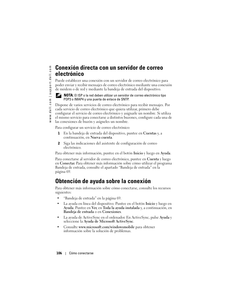 Obtención de ayuda sobre la conexión | Dell AXIM X3 User Manual | Page 106 / 158