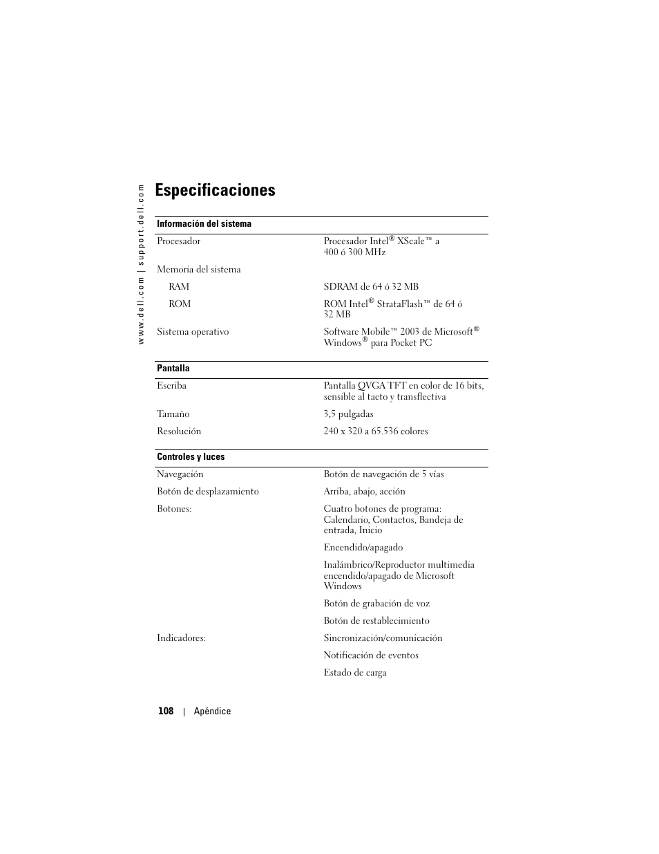 Especificaciones | Dell AXIM X3 User Manual | Page 108 / 158