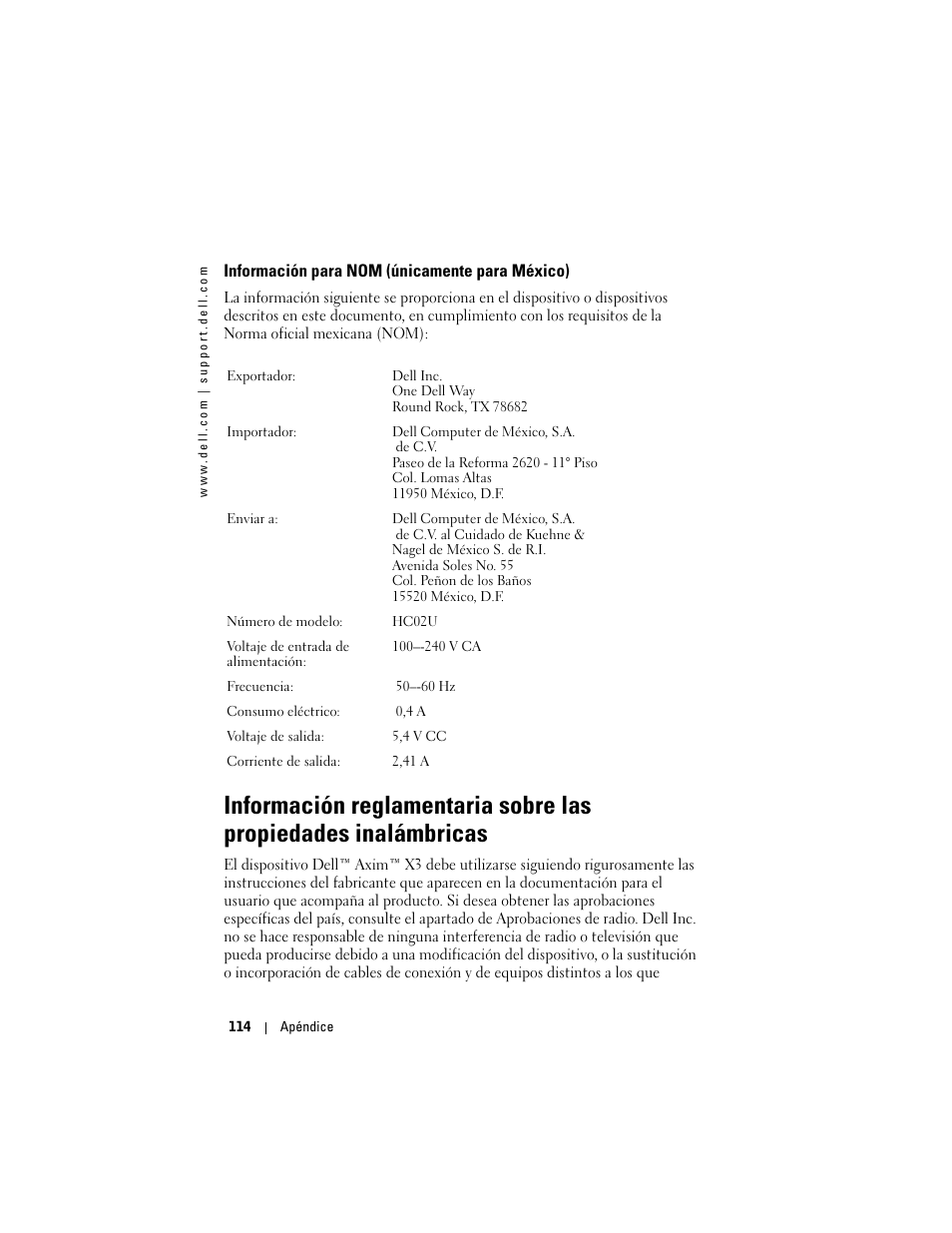 Información para nom (únicamente para méxico) | Dell AXIM X3 User Manual | Page 114 / 158