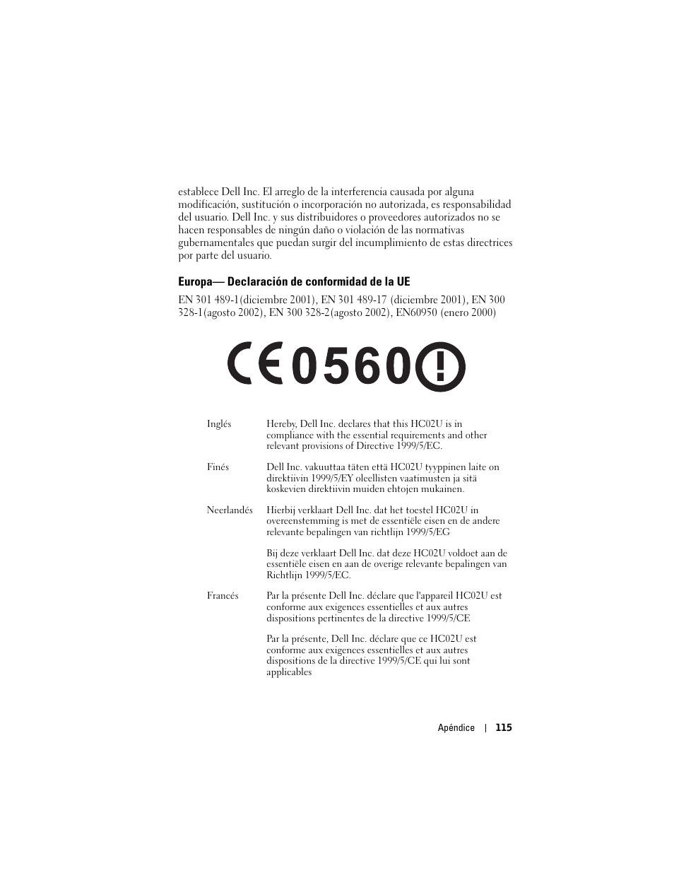 Europa— declaración de conformidad de la ue | Dell AXIM X3 User Manual | Page 115 / 158