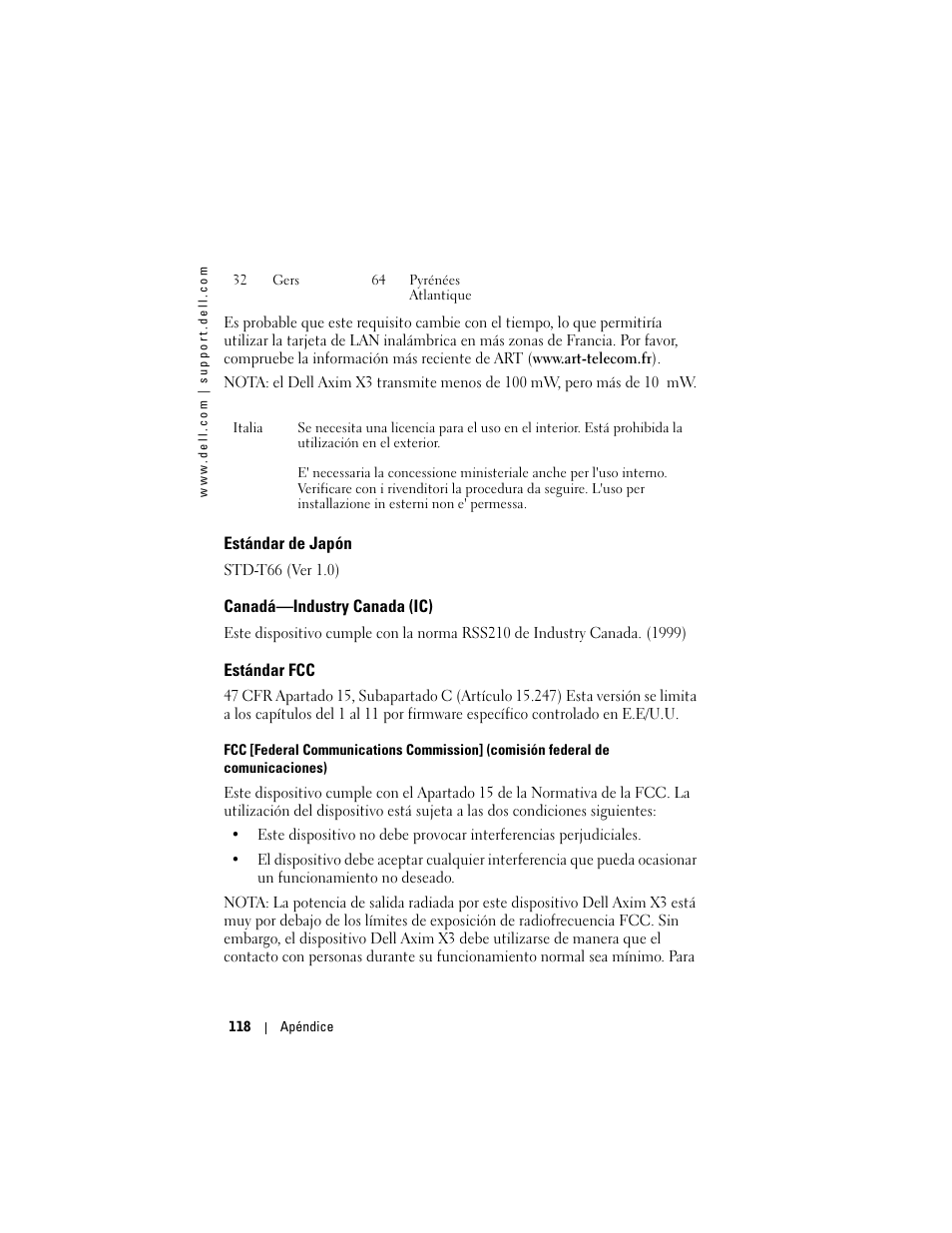 Estándar de japón, Canadá—industry canada (ic), Estándar fcc | Dell AXIM X3 User Manual | Page 118 / 158