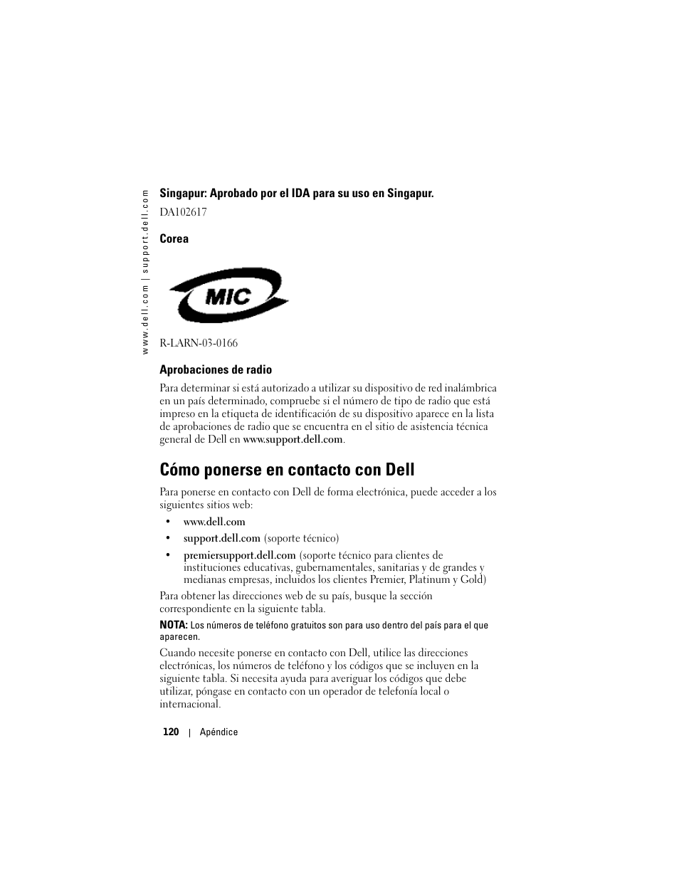 Corea, Aprobaciones de radio, Cómo ponerse en contacto con dell | Dell AXIM X3 User Manual | Page 120 / 158