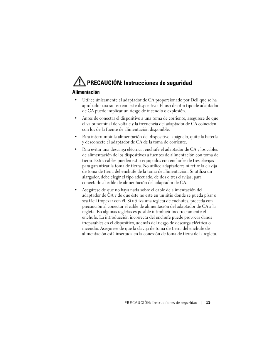 Alimentación, Precaución: instrucciones de seguridad | Dell AXIM X3 User Manual | Page 13 / 158