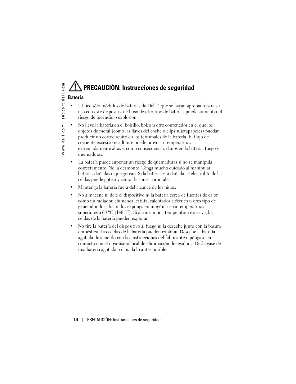 Batería, Precaución: instrucciones de seguridad | Dell AXIM X3 User Manual | Page 14 / 158
