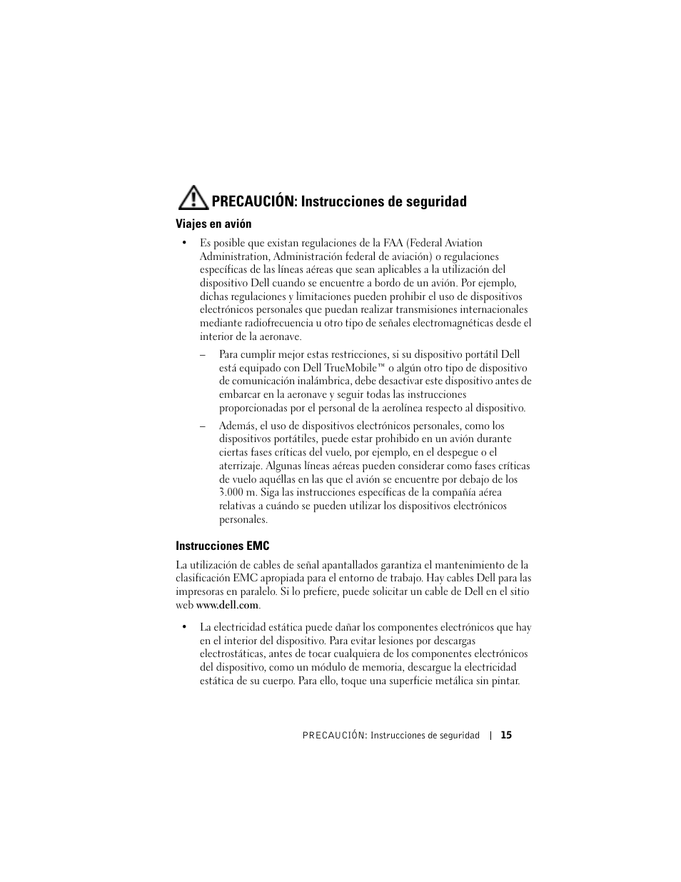 Viajes en avión, Instrucciones emc, Precaución: instrucciones de seguridad | Dell AXIM X3 User Manual | Page 15 / 158