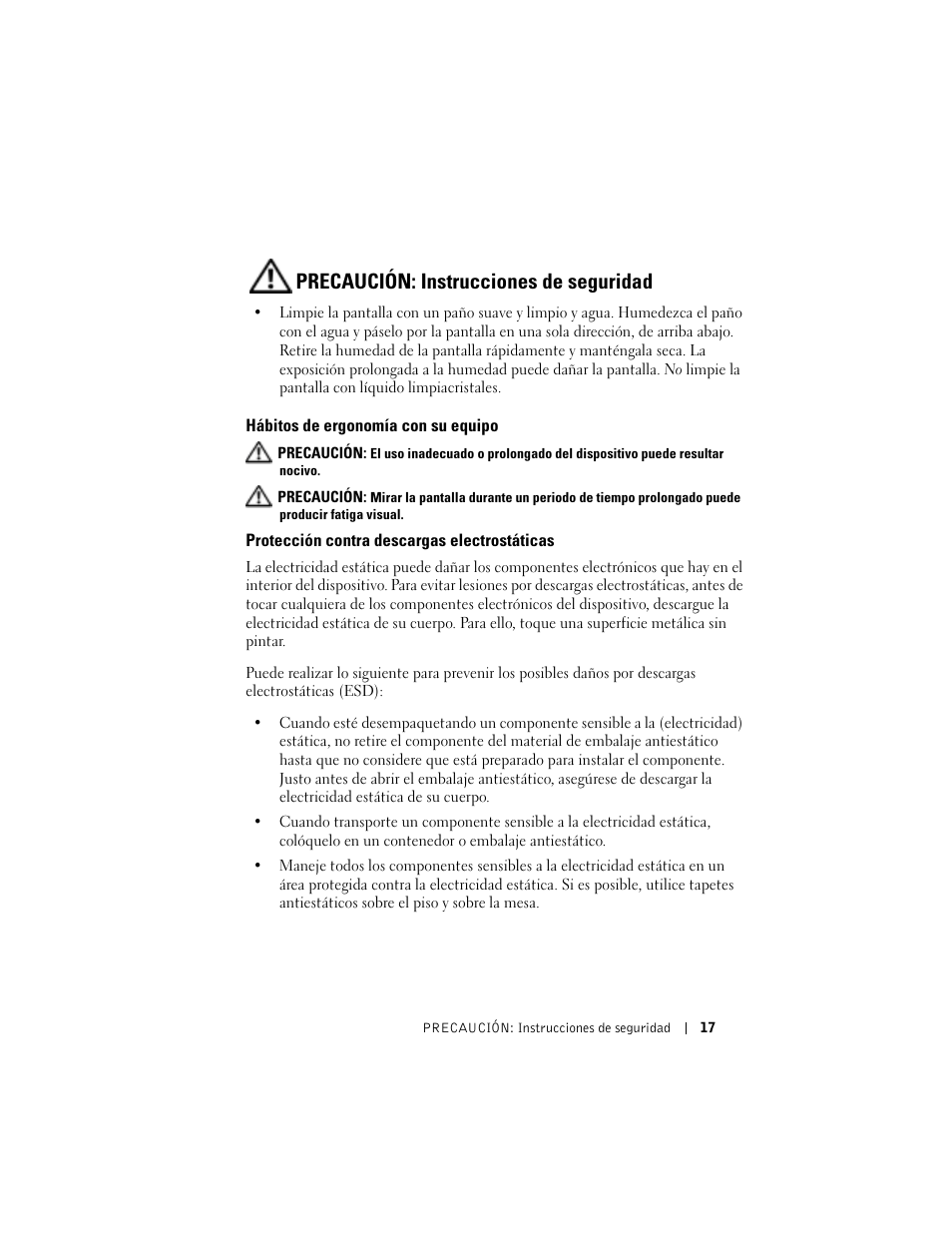 Hábitos de ergonomía con su equipo, Protección contra descargas electrostáticas, Precaución: instrucciones de seguridad | Dell AXIM X3 User Manual | Page 17 / 158