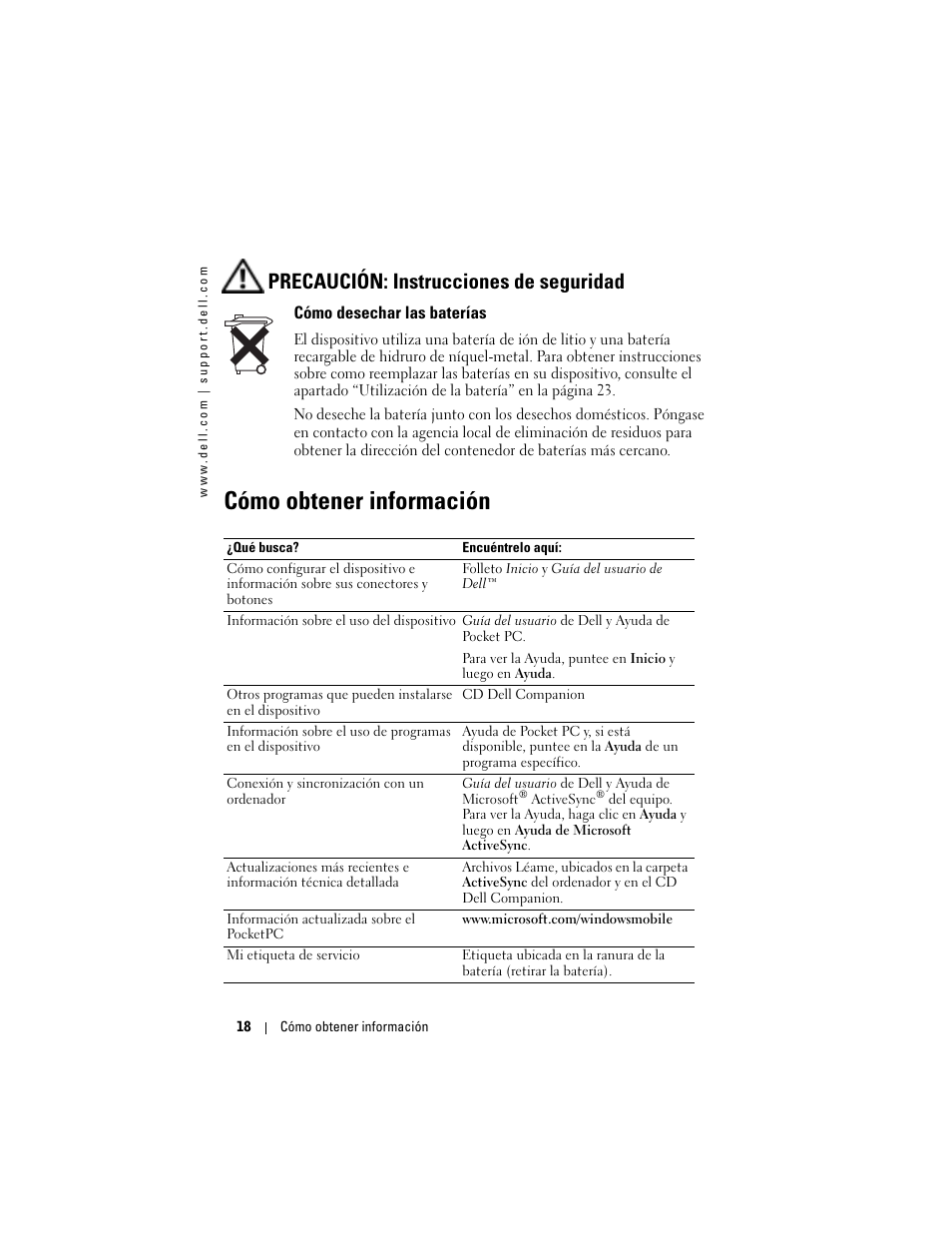 Cómo desechar las baterías, Cómo obtener información, Precaución: instrucciones de seguridad | Dell AXIM X3 User Manual | Page 18 / 158