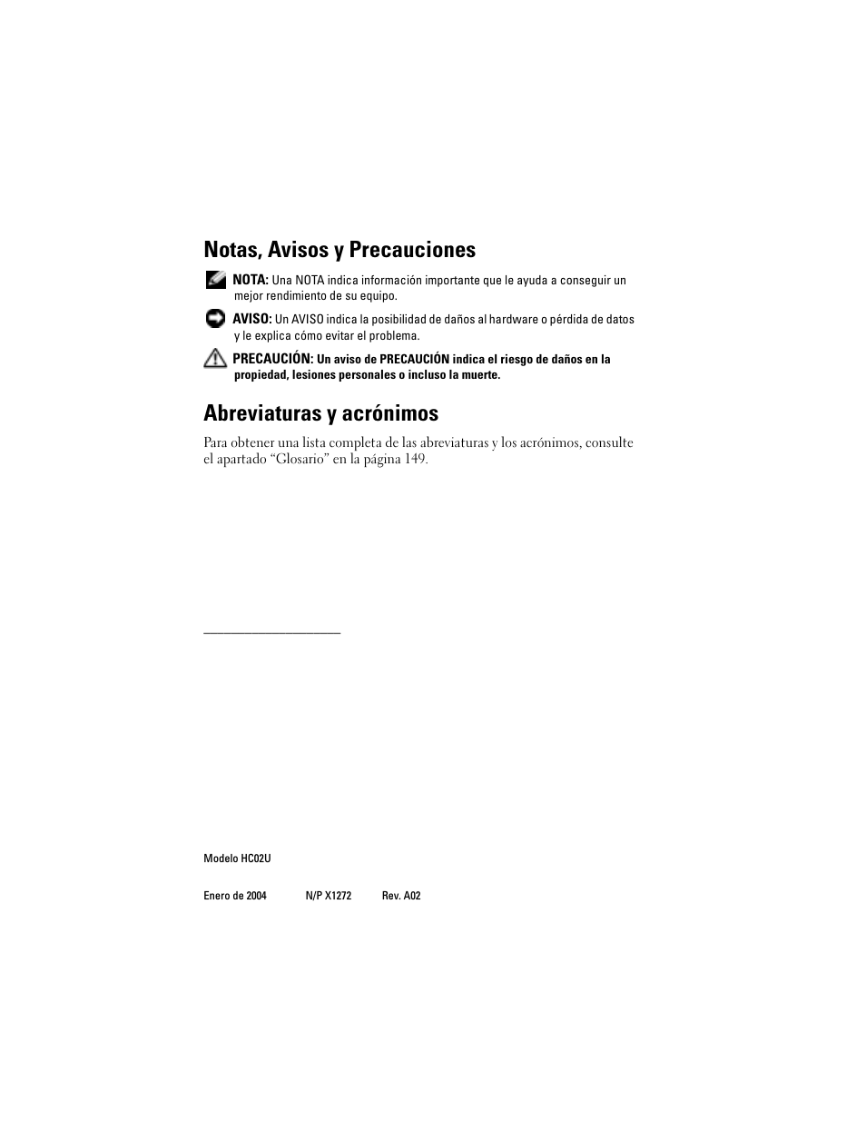 Notas, avisos y precauciones, Abreviaturas y acrónimos | Dell AXIM X3 User Manual | Page 2 / 158