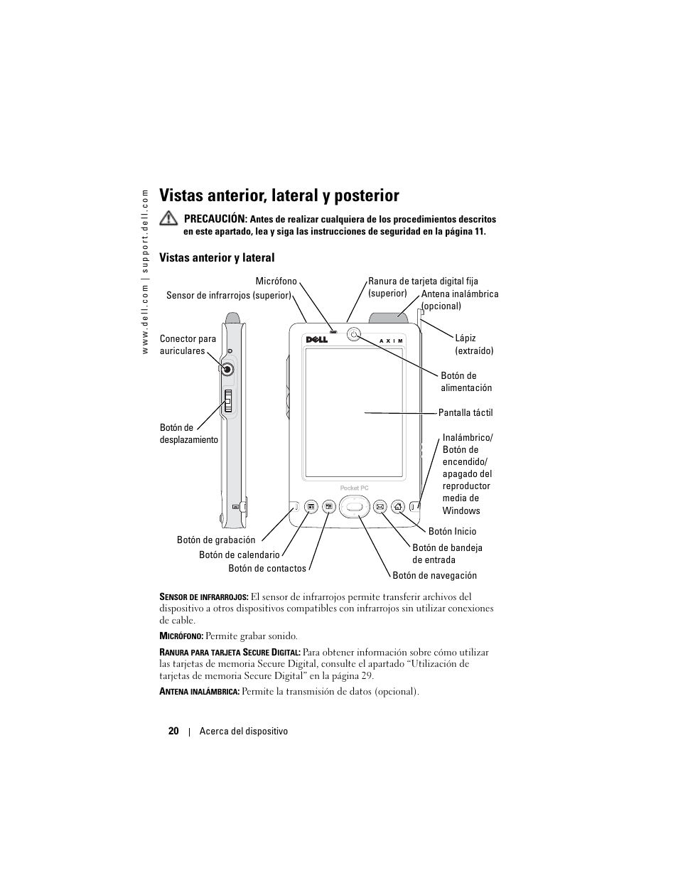 Vistas anterior, lateral y posterior, Vistas anterior y lateral | Dell AXIM X3 User Manual | Page 20 / 158