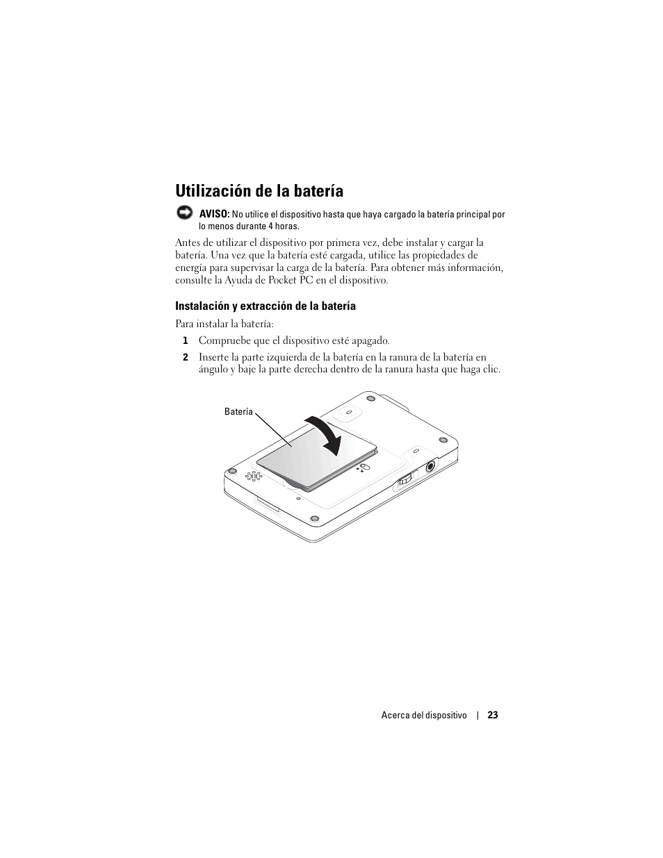 Utilización de la batería, Instalación y extracción de la batería | Dell AXIM X3 User Manual | Page 23 / 158