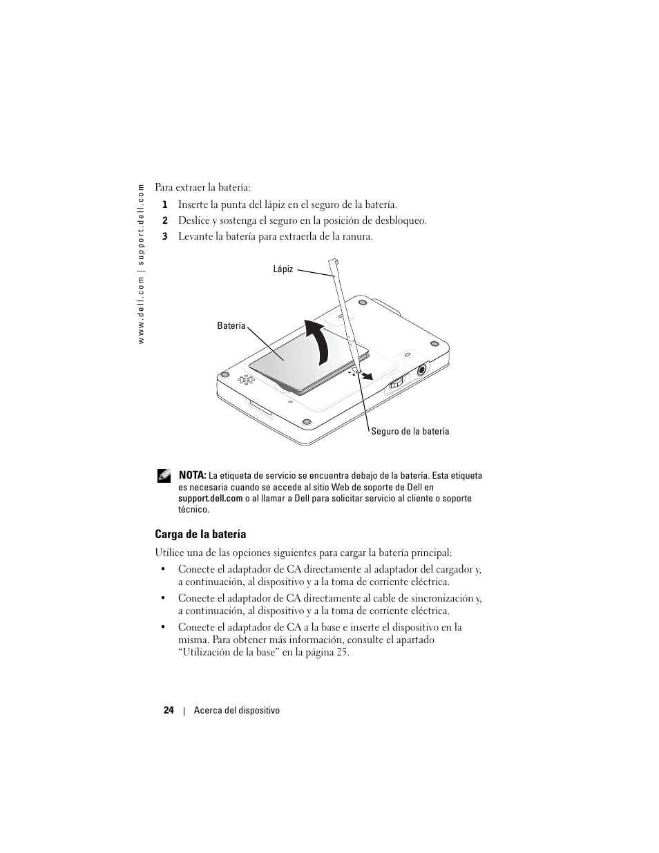 Carga de la batería | Dell AXIM X3 User Manual | Page 24 / 158