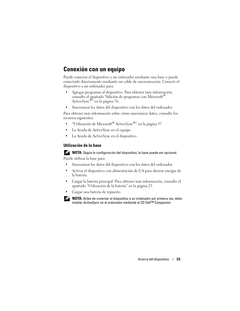 Conexión con un equipo, Utilización de la base | Dell AXIM X3 User Manual | Page 25 / 158