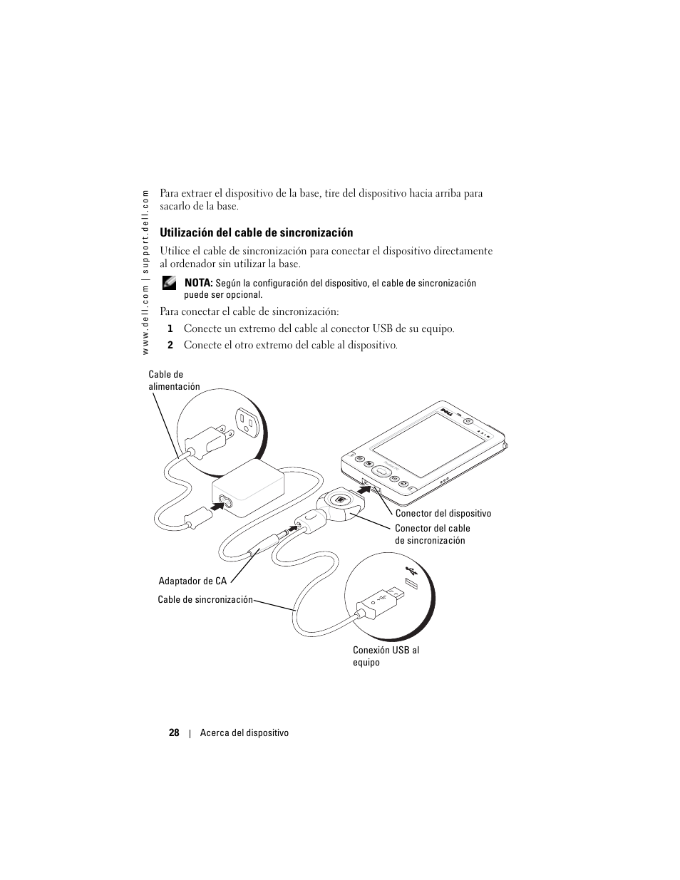 Utilización del cable de sincronización | Dell AXIM X3 User Manual | Page 28 / 158