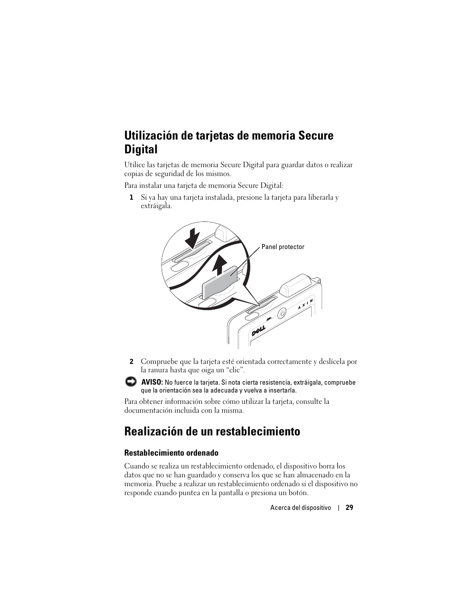 Utilización de tarjetas de memoria secure digital, Realización de un restablecimiento, Restablecimiento ordenado | Dell AXIM X3 User Manual | Page 29 / 158