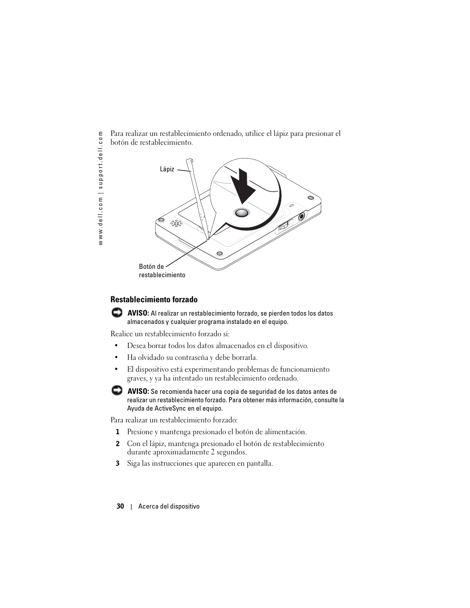 Restablecimiento forzado | Dell AXIM X3 User Manual | Page 30 / 158