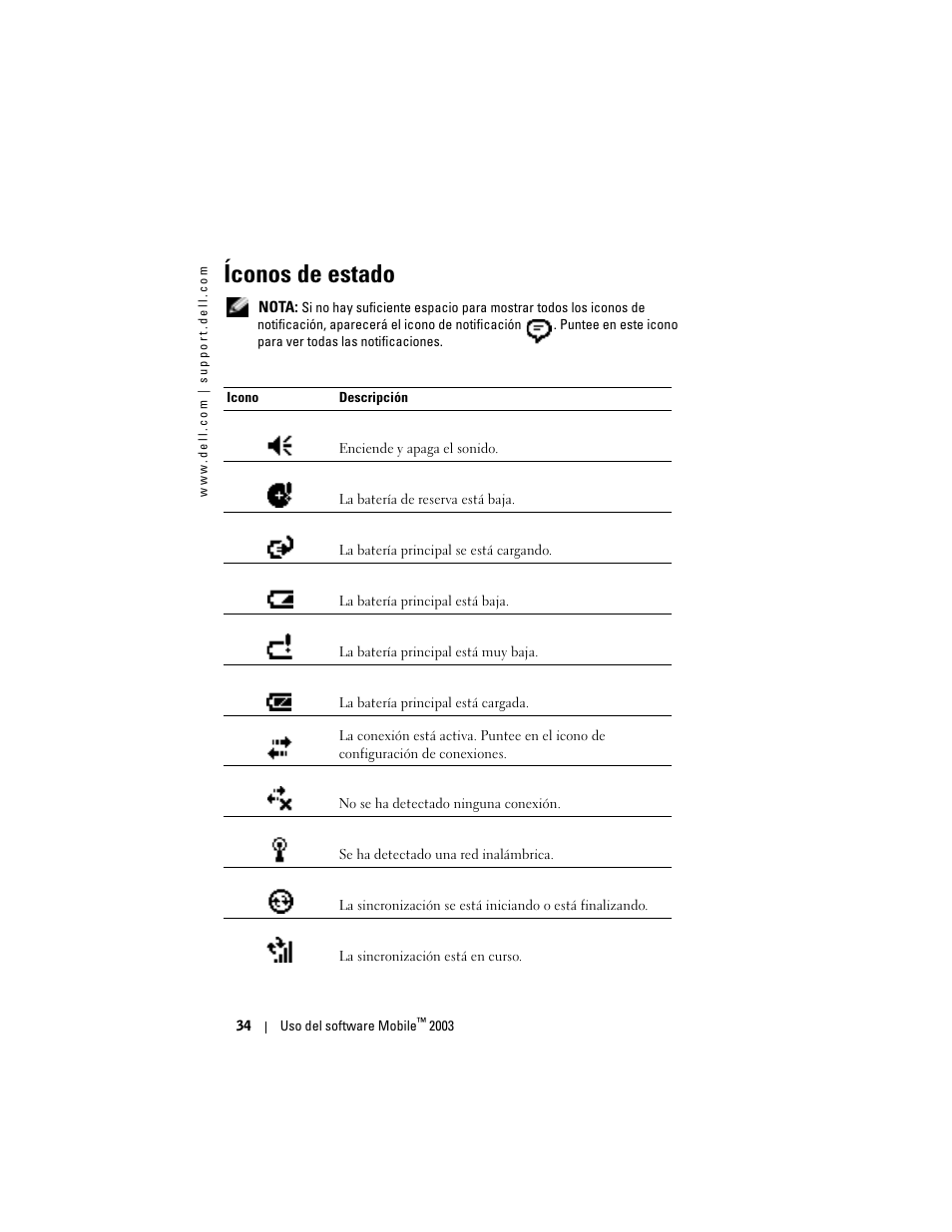 Íconos de estado, Iconos de estado | Dell AXIM X3 User Manual | Page 34 / 158